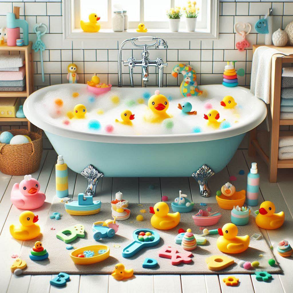 A cheerful bathroom scene with a bubbly bathtub filled with colorful rubber ducks, floating boats, playful water squirters, and soft foam letters, all surrounded by a light, bright, and clean bathroom environment.