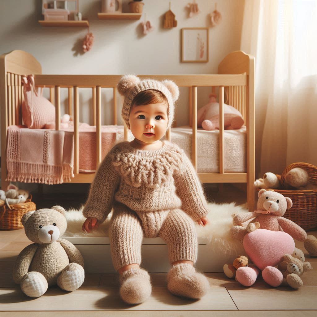 a baby in cute outfit sitting on a bench with stuffed bears