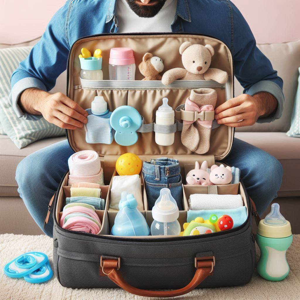A father having a neatly organized open diaper bag with baby bottles, diapers, wipes, toys, extra clothes, pacifiers, and a changing pad, all set on a soft pastel background