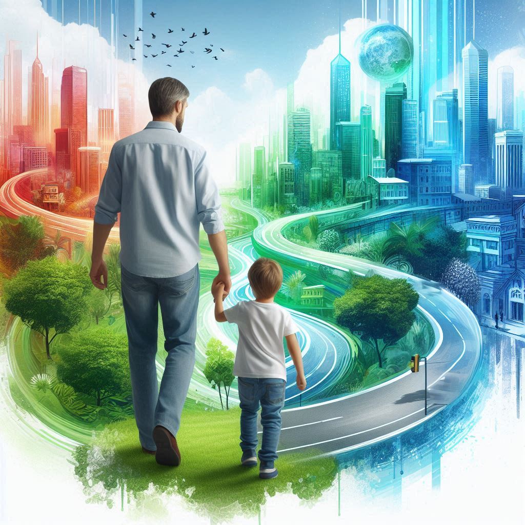 A young boy holding his father's hand, walking through a vibrant, evolving landscape that transitions from a playful park to a bustling cityscape, symbolizing growth and maturity