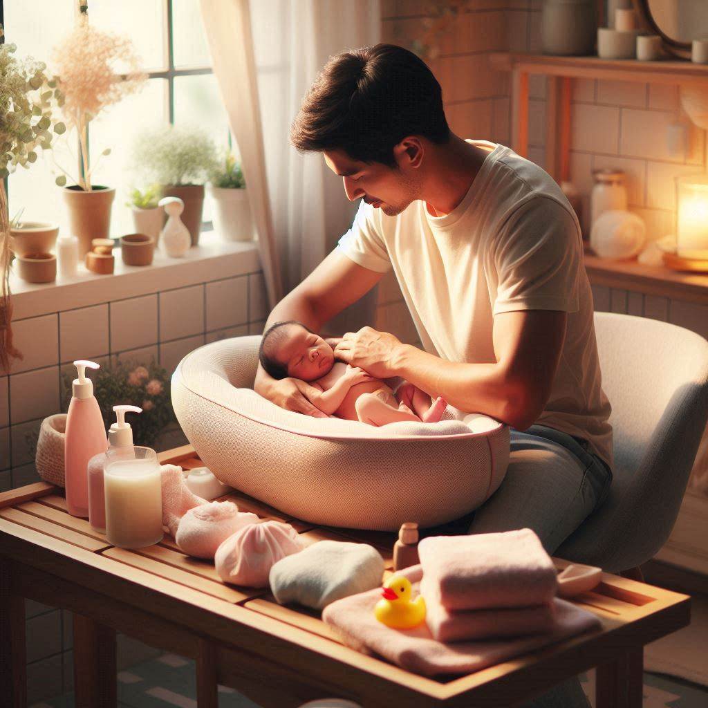 A gentle scene of a cozy bathroom with a soft, warm light; a father carefully cradling a newborn in a small, cushioned baby tub, surrounded by essential bath items like a soft towel, baby soap, and a rubber duck.