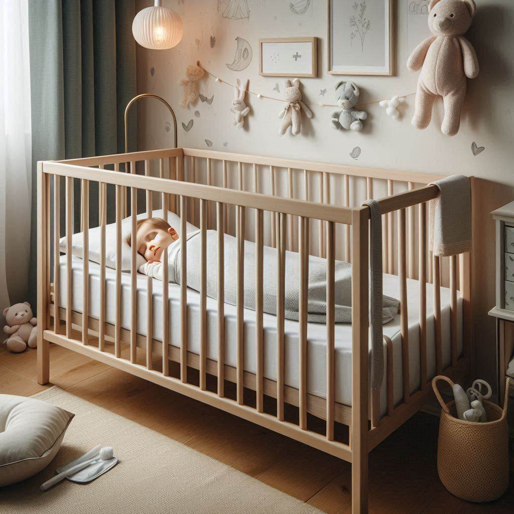 A peaceful nursery with a crib featuring a firm mattress, a fitted sheet, no blankets or toys, and an infant sleeping on their back, dressed in a sleep sack.