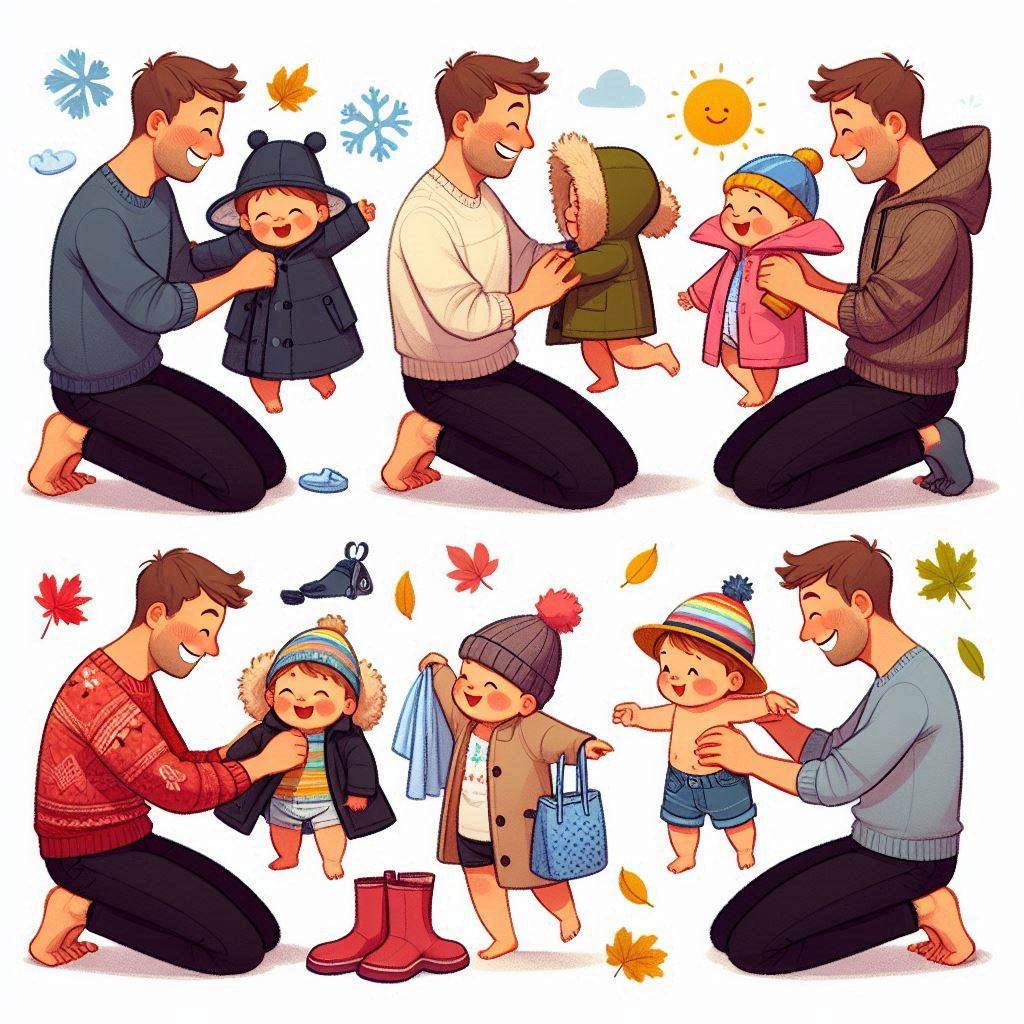 A cheerful dad dressing his baby in different seasonal outfits: cozy winter layers, a spring raincoat, summer sunhat and shorts, and a fall sweater with colorful leaves around. Each scene depicts a loving, playful atmosphere